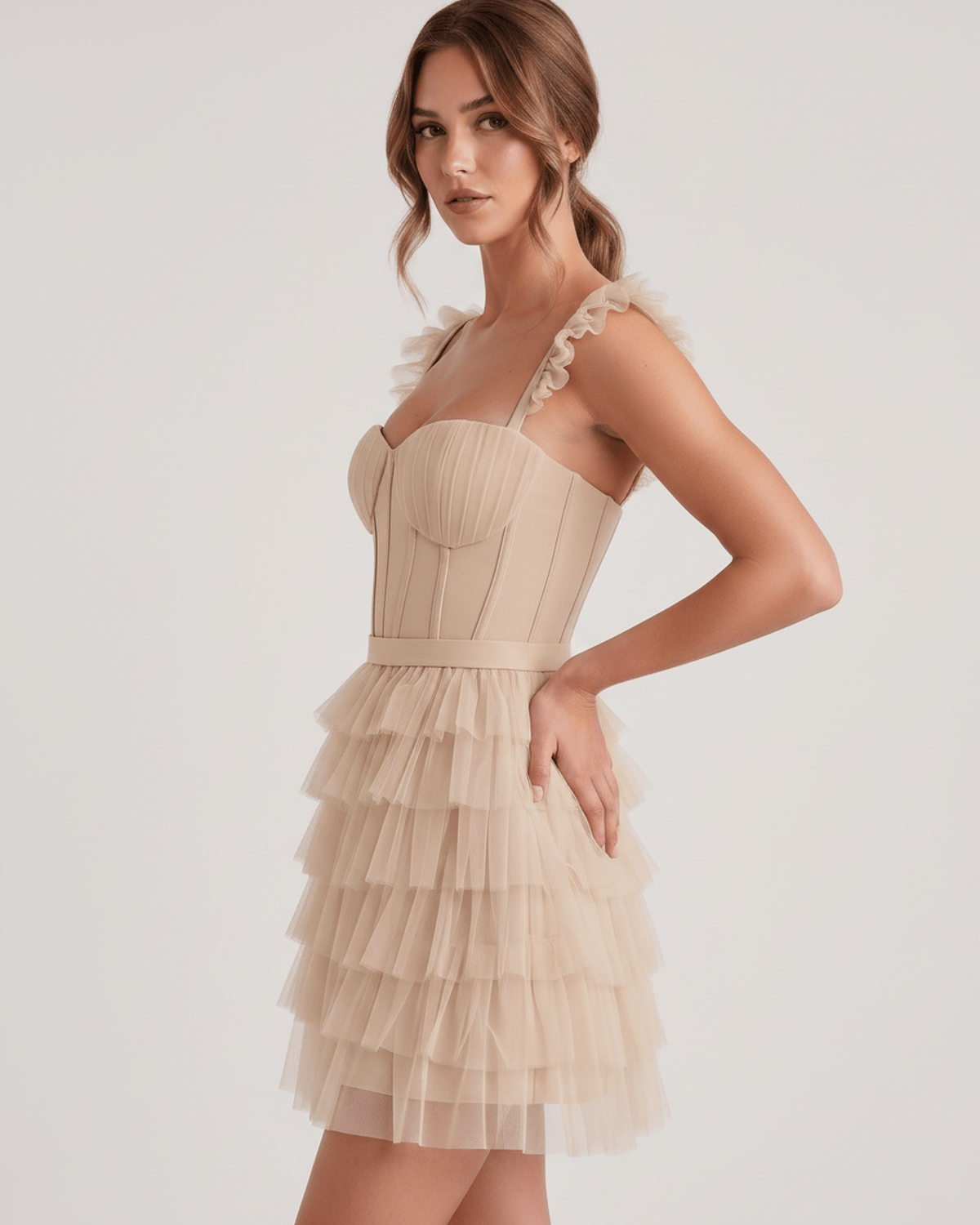 Celestia Mini Dress by Lauven — layered tulle sweetheart A-line mini dress with spaghetti straps