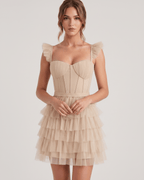 Celestia Mini Dress by Lauven — layered tulle sweetheart A-line mini dress with spaghetti straps