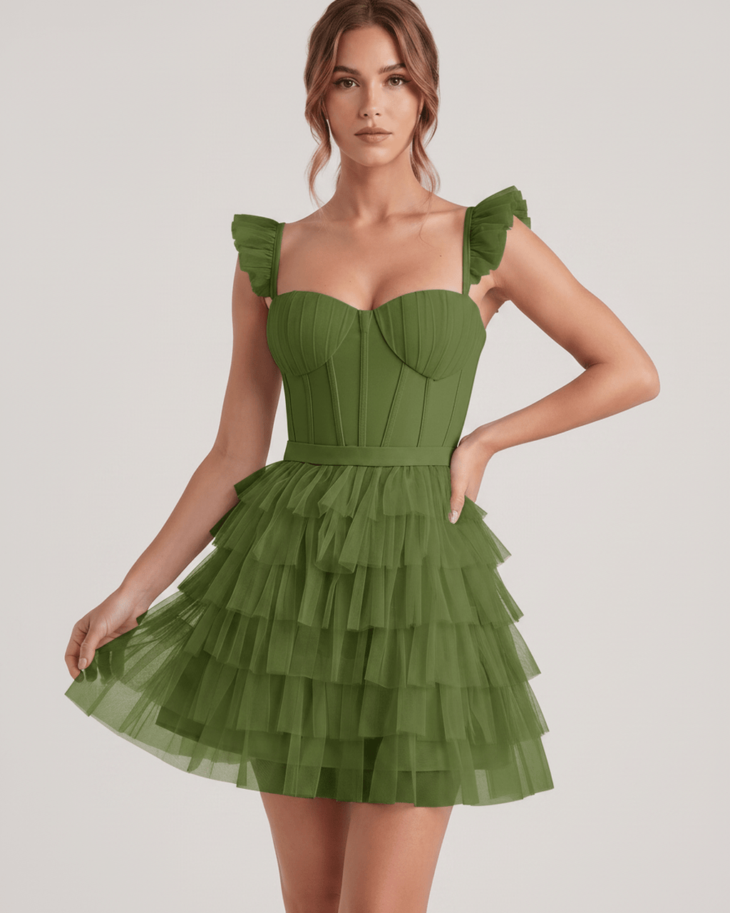 Celestia Mini Dress by Lauven — layered tulle sweetheart A-line mini dress with spaghetti straps