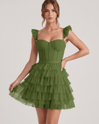 Celestia Mini Dress by Lauven — layered tulle sweetheart A-line mini dress with spaghetti straps