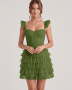 Celestia Mini Dress by Lauven — layered tulle sweetheart A-line mini dress with spaghetti straps