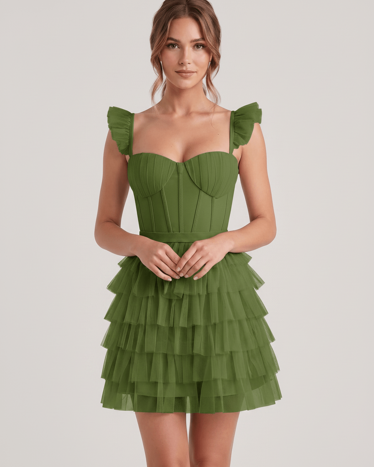 Celestia Mini Dress by Lauven — layered tulle sweetheart A-line mini dress with spaghetti straps