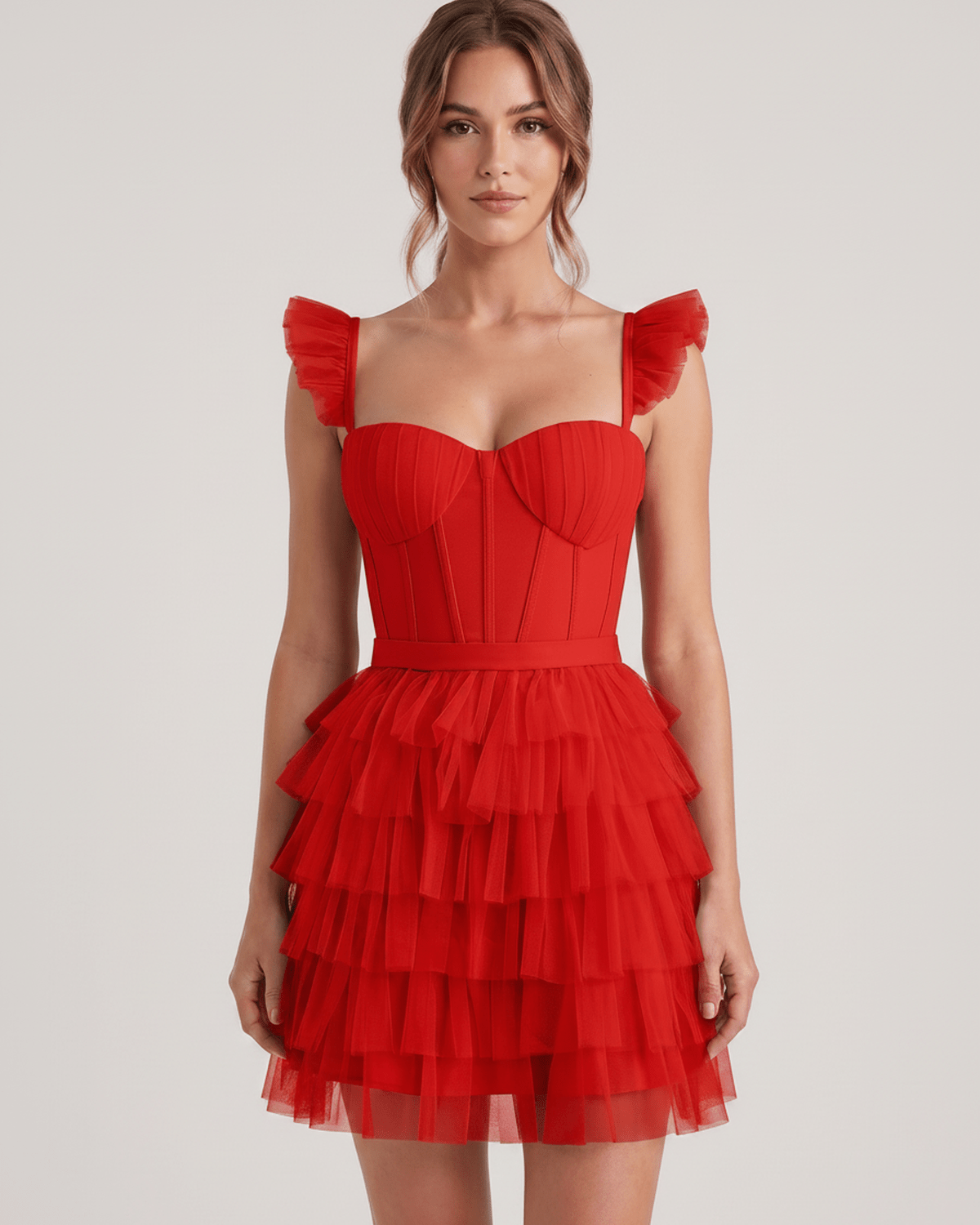 Celestia Mini Dress by Lauven — layered tulle sweetheart A-line mini dress with spaghetti straps