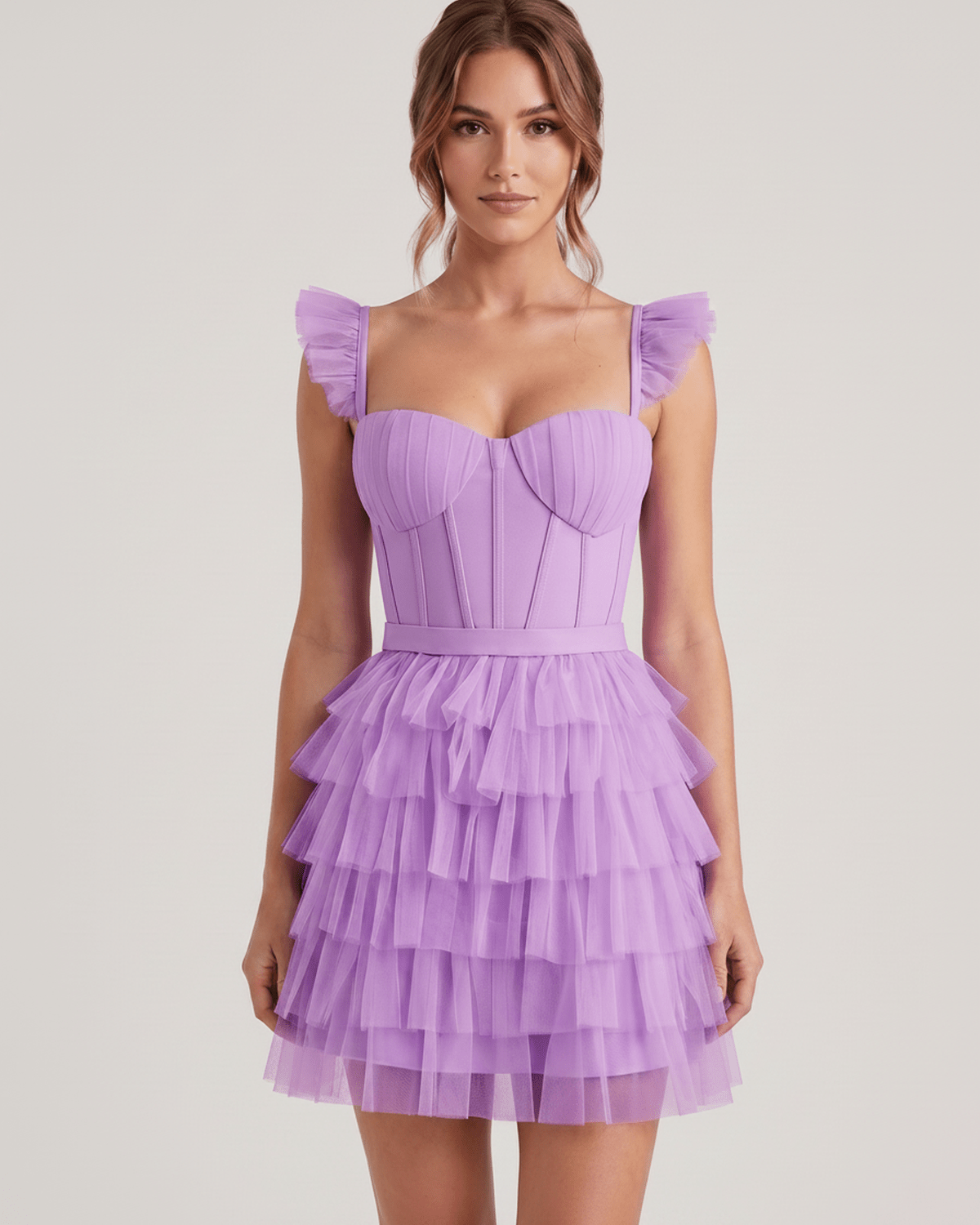 Celestia Mini Dress by Lauven — layered tulle sweetheart A-line mini dress with spaghetti straps
