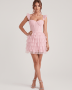 Celestia Mini Dress by Lauven — layered tulle sweetheart A-line mini dress with spaghetti straps