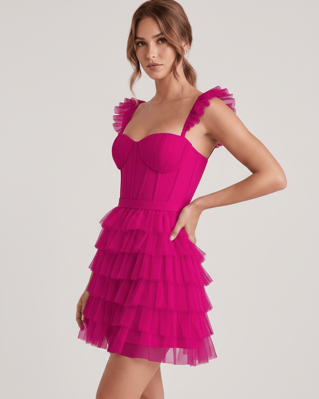 Celestia Mini Dress by Lauven — layered tulle sweetheart A-line mini dress with spaghetti straps