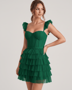 Celestia Mini Dress by Lauven — layered tulle sweetheart A-line mini dress with spaghetti straps