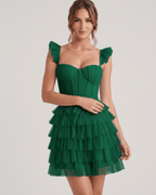 Celestia Mini Dress by Lauven — layered tulle sweetheart A-line mini dress with spaghetti straps