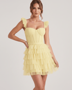 Celestia Mini Dress by Lauven — layered tulle sweetheart A-line mini dress with spaghetti straps