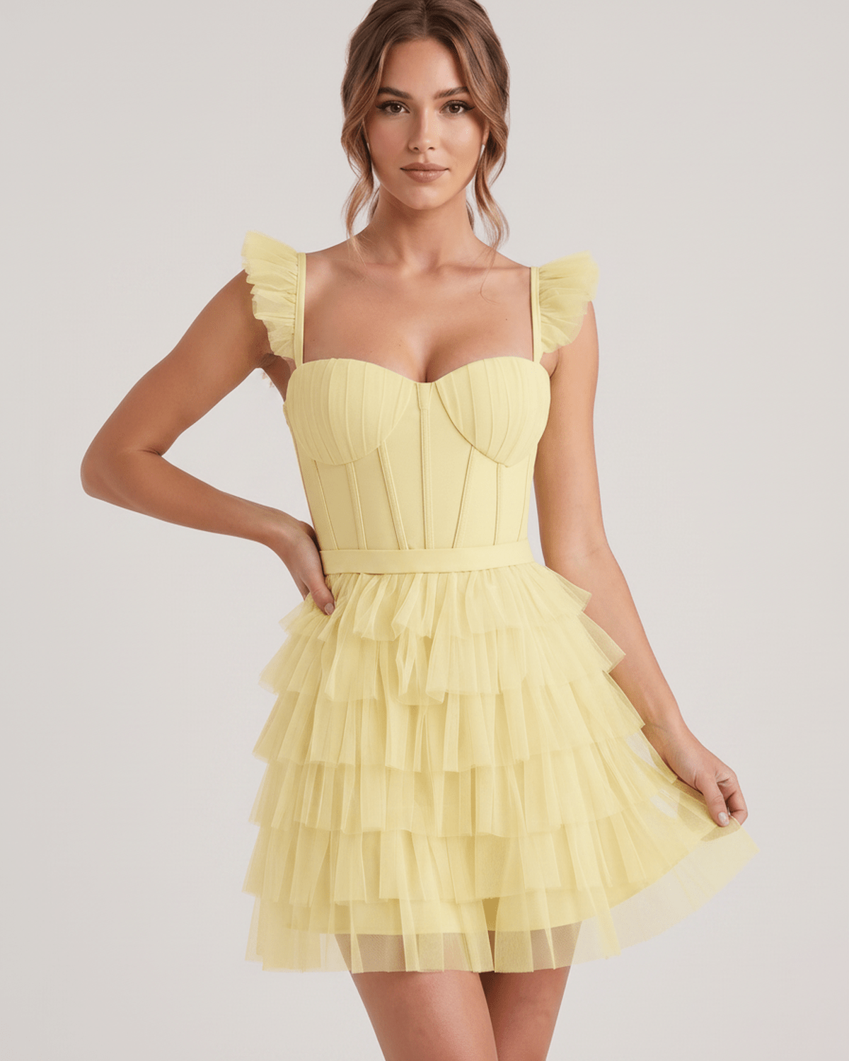 Celestia Mini Dress by Lauven — layered tulle sweetheart A-line mini dress with spaghetti straps