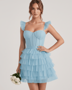 Celestia Mini Dress by Lauven — layered tulle sweetheart A-line mini dress with spaghetti straps