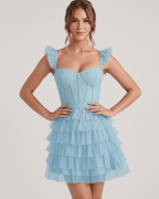 Celestia Mini Dress by Lauven — layered tulle sweetheart A-line mini dress with spaghetti straps