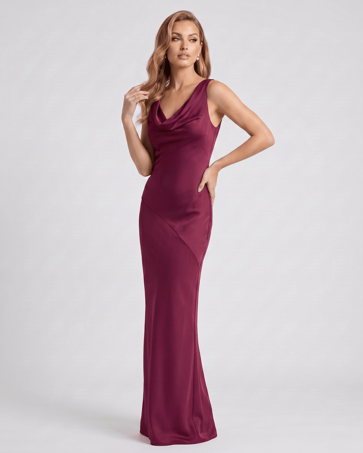 Seralyn Maxi Dress by Lauven — satin sleeveless cowl neck slim maxi dress