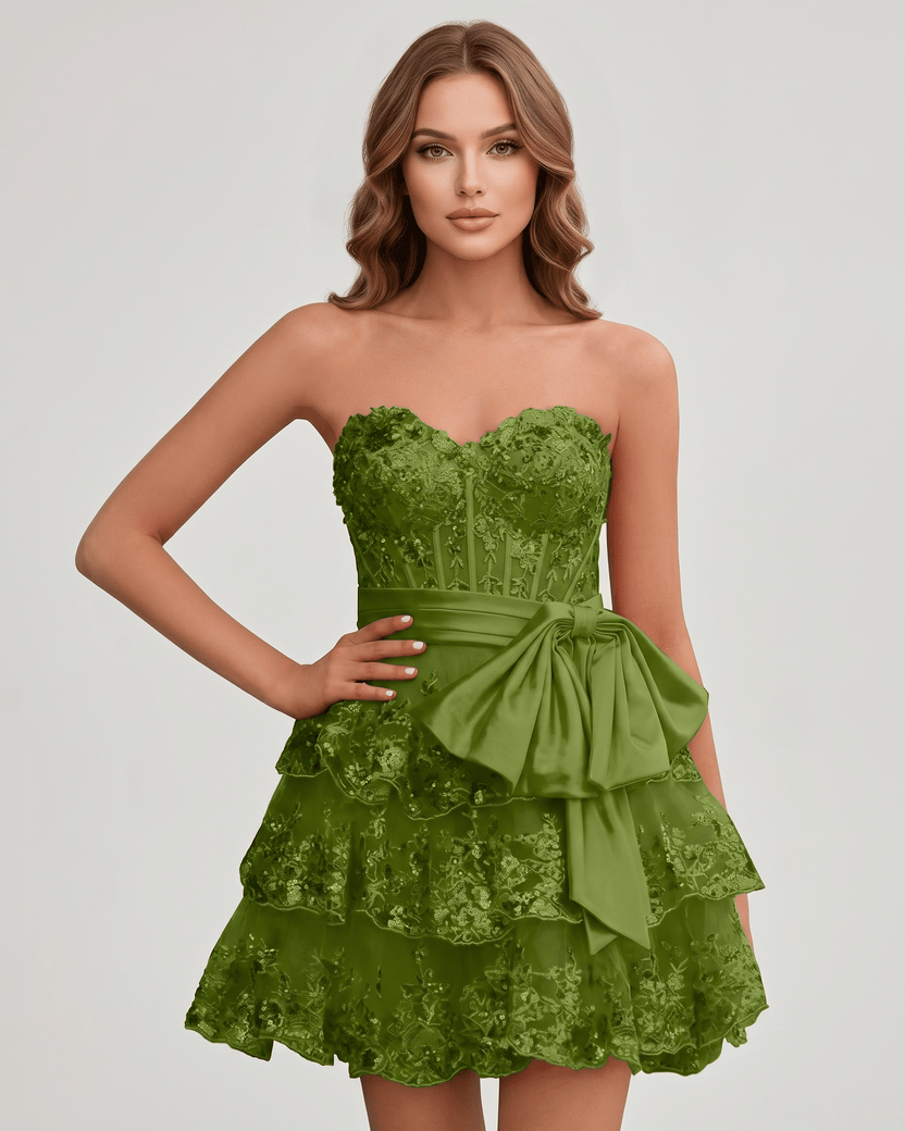 Veloura Mini Dress by Lauven — olive lace appliqué strapless sweetheart tiered mini dress