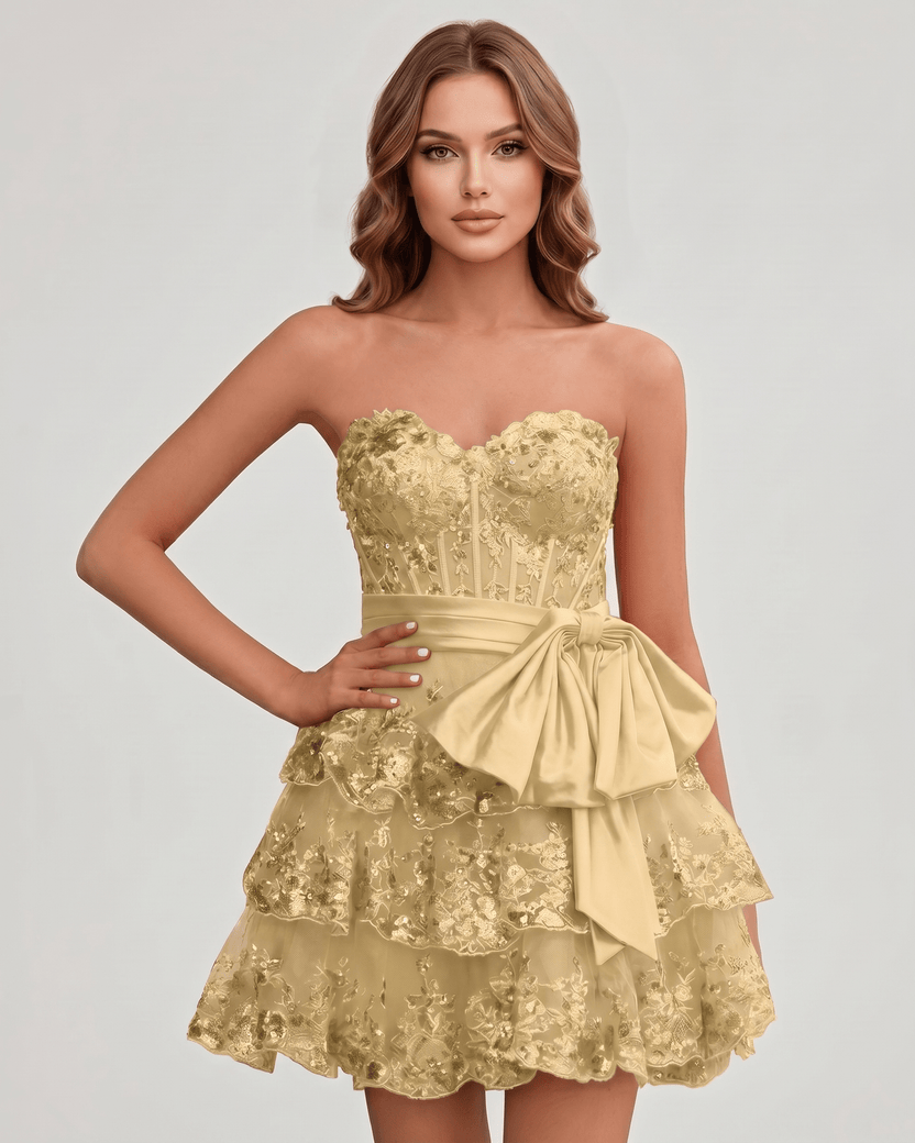 Veloura Mini Dress by Lauven — beige lace appliqué strapless sweetheart tiered mini dress
