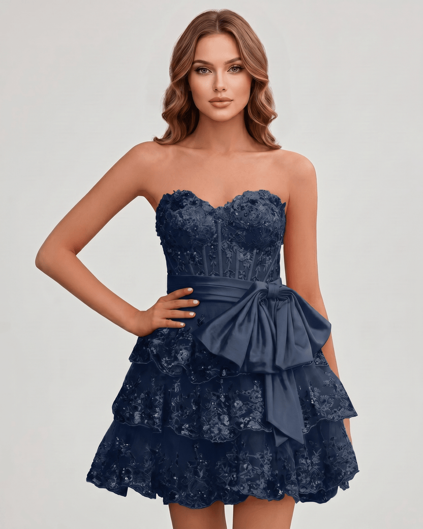 Veloura Mini Dress by Lauven — navy lace appliqué strapless sweetheart tiered mini dress