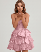 Veloura Mini Dress by Lauven — lace appliqué strapless sweetheart tiered mini dress