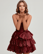 Veloura Mini Dress by Lauven — lace appliqué strapless sweetheart tiered mini dress