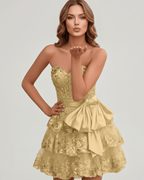 Veloura Mini Dress by Lauven — lace appliqué strapless sweetheart tiered mini dress