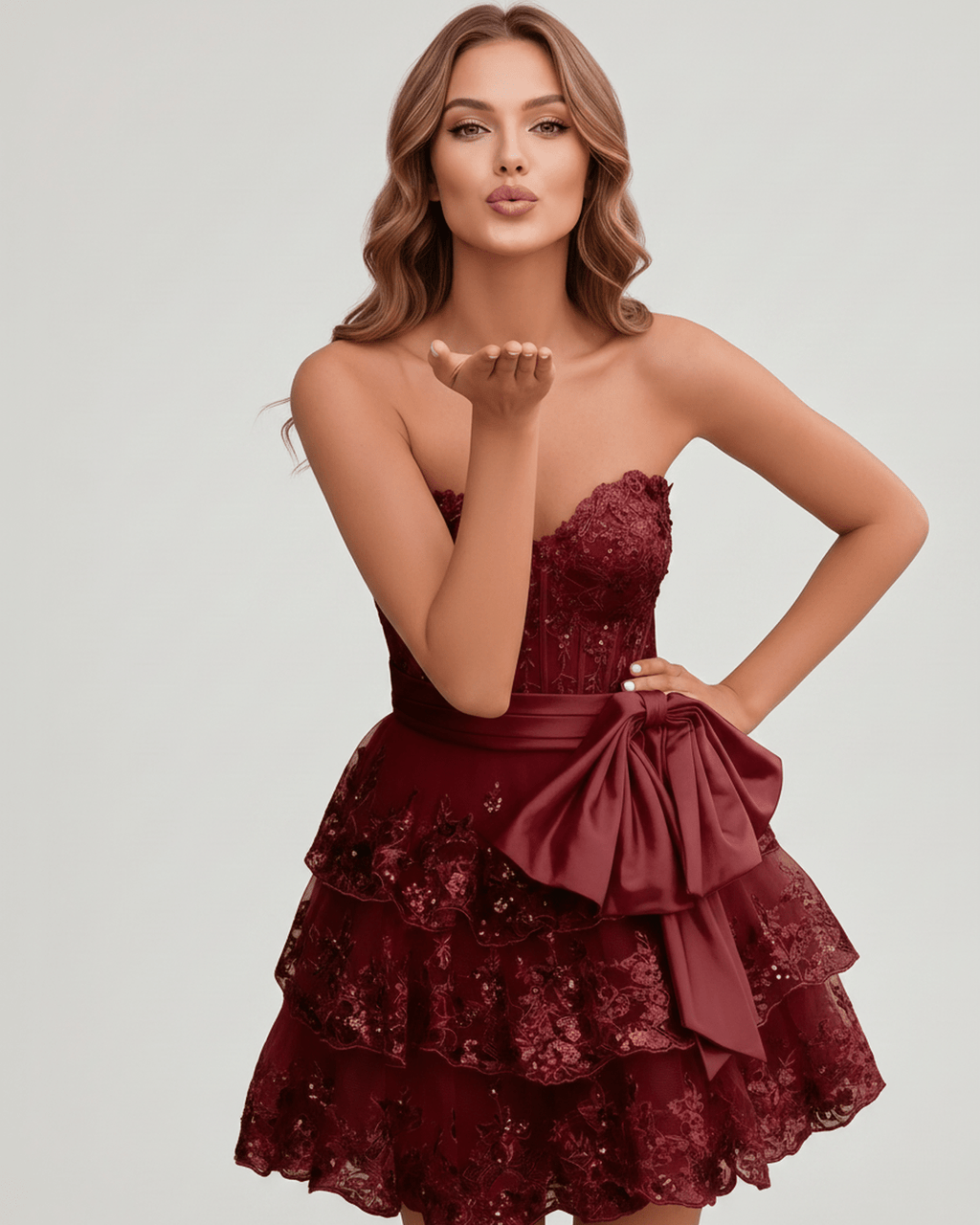 Veloura Mini Dress by Lauven — lace appliqué strapless sweetheart tiered mini dress