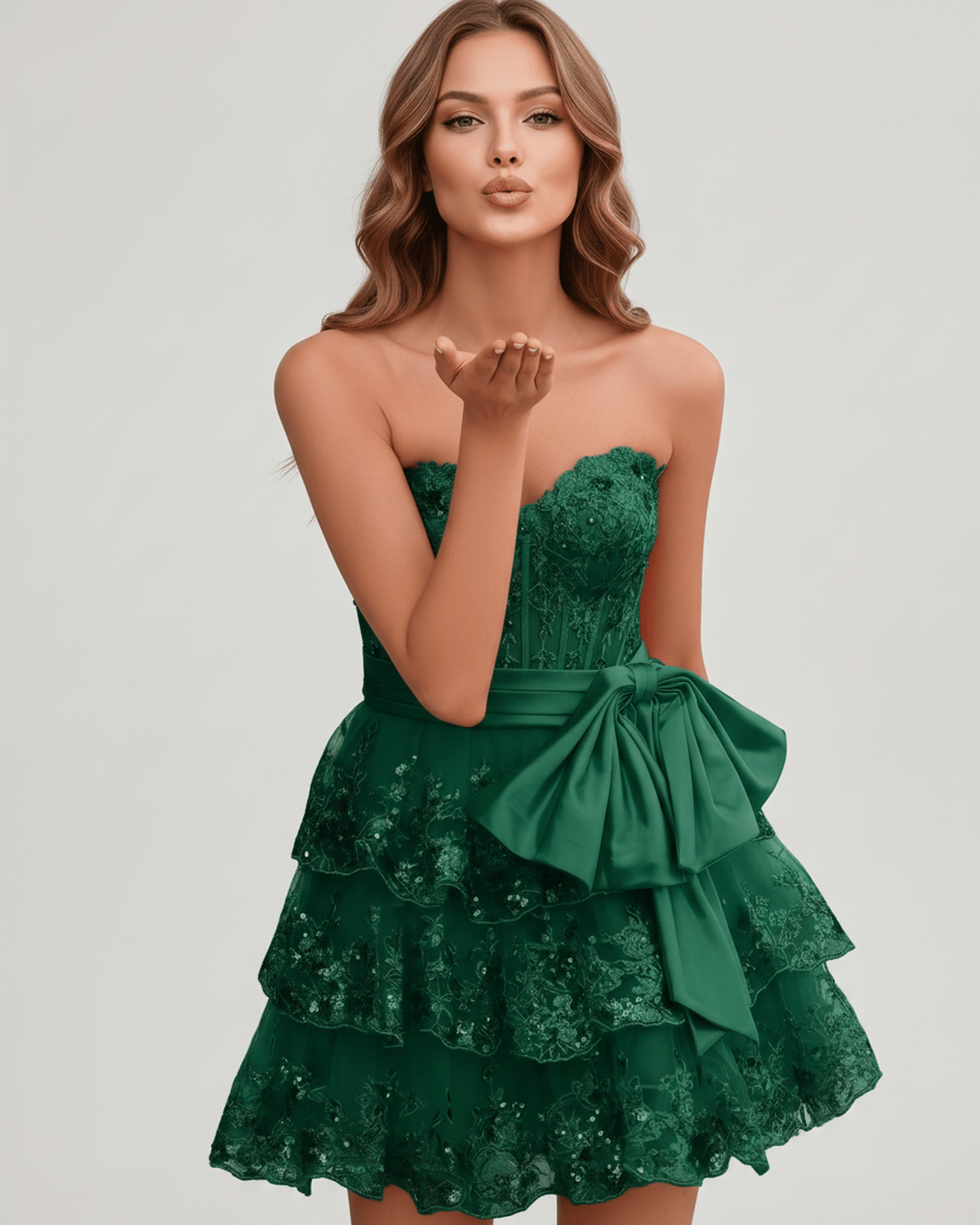 Veloura Mini Dress by Lauven — lace appliqué strapless sweetheart tiered mini dress