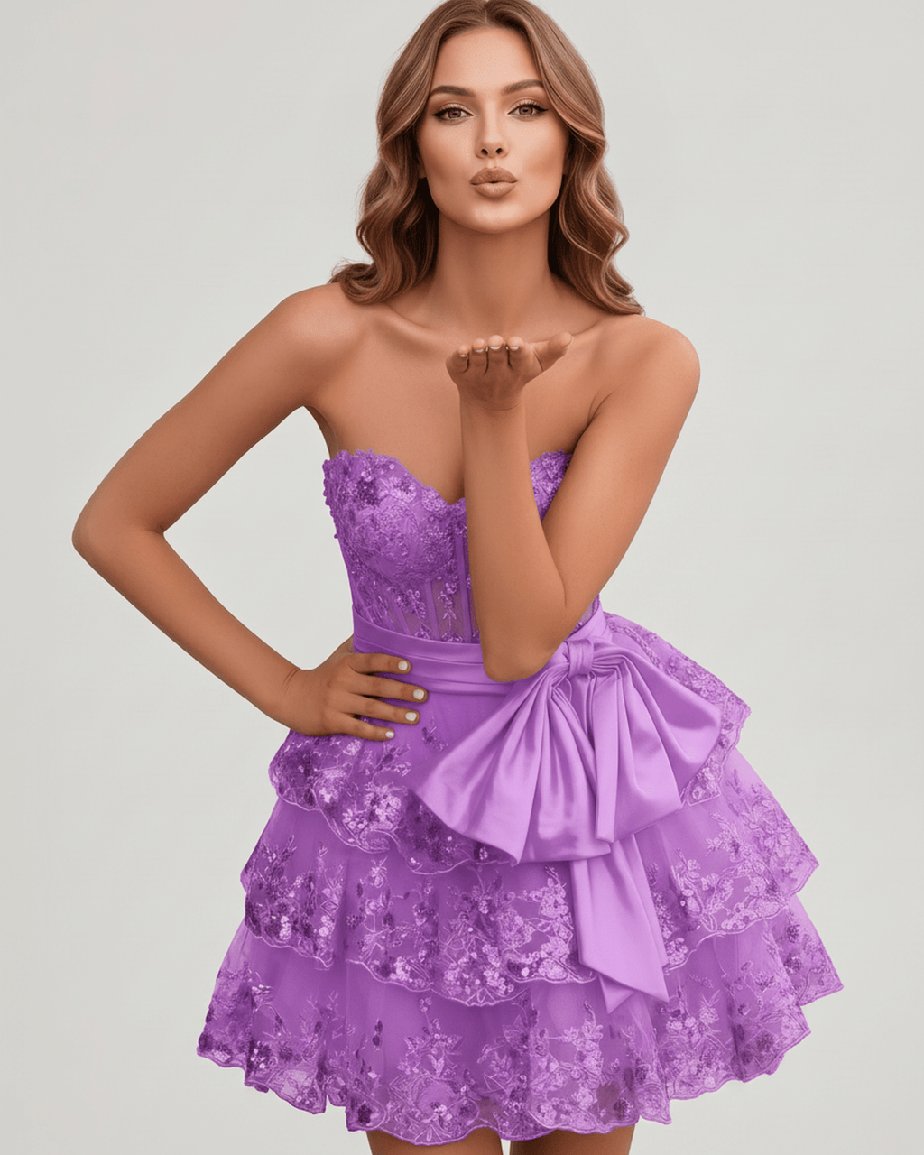 Veloura Mini Dress by Lauven — lace appliqué strapless sweetheart tiered mini dress