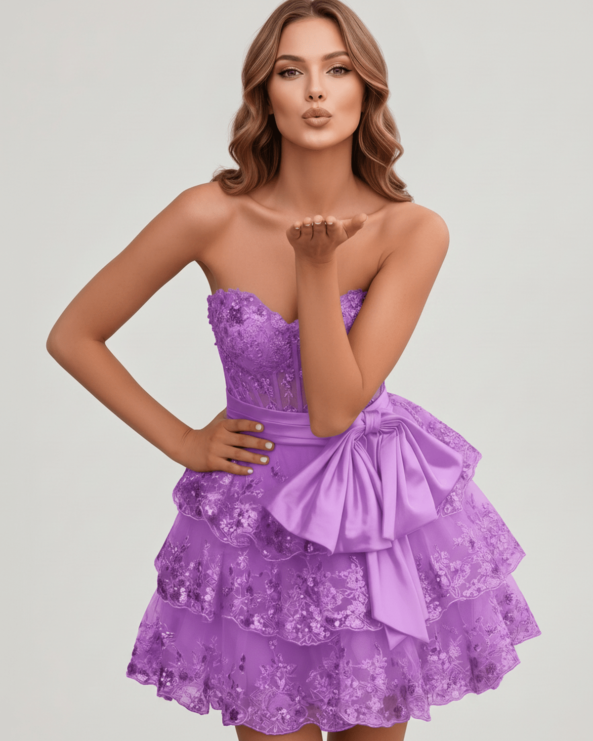 Veloura Mini Dress by Lauven — lace appliqué strapless sweetheart tiered mini dress