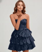 Veloura Mini Dress by Lauven — lace appliqué strapless sweetheart tiered mini dress