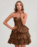 Veloura Mini Dress by Lauven — lace appliqué strapless sweetheart tiered mini dress