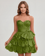 Veloura Mini Dress by Lauven — lace appliqué strapless sweetheart tiered mini dress