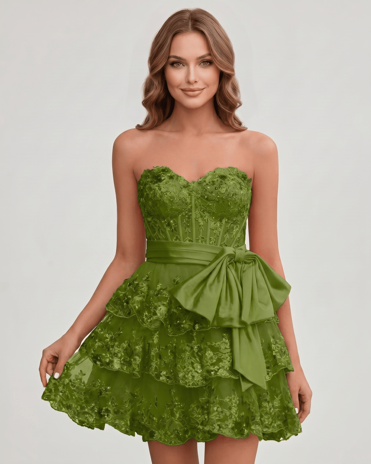 Veloura Mini Dress by Lauven — lace appliqué strapless sweetheart tiered mini dress