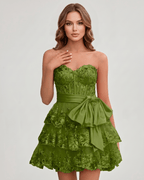 Veloura Mini Dress by Lauven — lace appliqué strapless sweetheart tiered mini dress