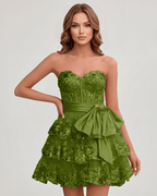 Veloura Mini Dress by Lauven — lace appliqué strapless sweetheart tiered mini dress