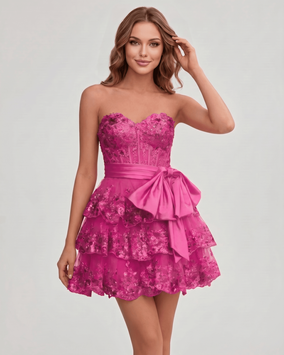 Veloura Mini Dress by Lauven — lace appliqué strapless sweetheart tiered mini dress