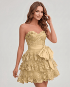Veloura Mini Dress by Lauven — lace appliqué strapless sweetheart tiered mini dress