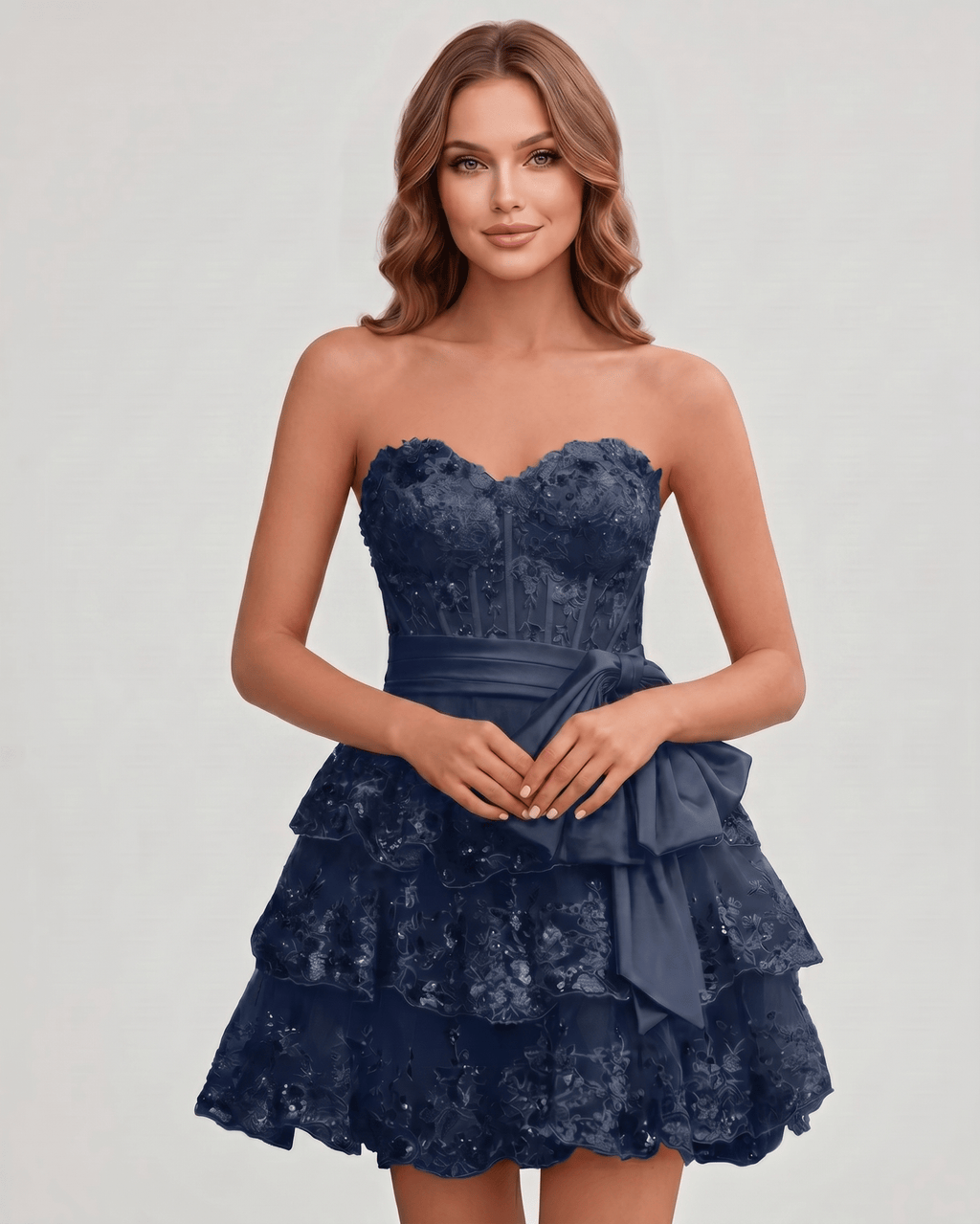 Veloura Mini Dress by Lauven — lace appliqué strapless sweetheart tiered mini dress