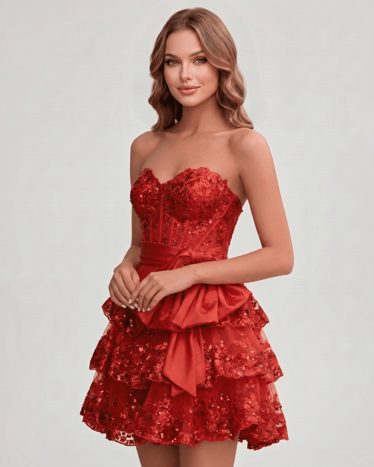 Veloura Mini Dress by Lauven — lace appliqué strapless sweetheart tiered mini dress