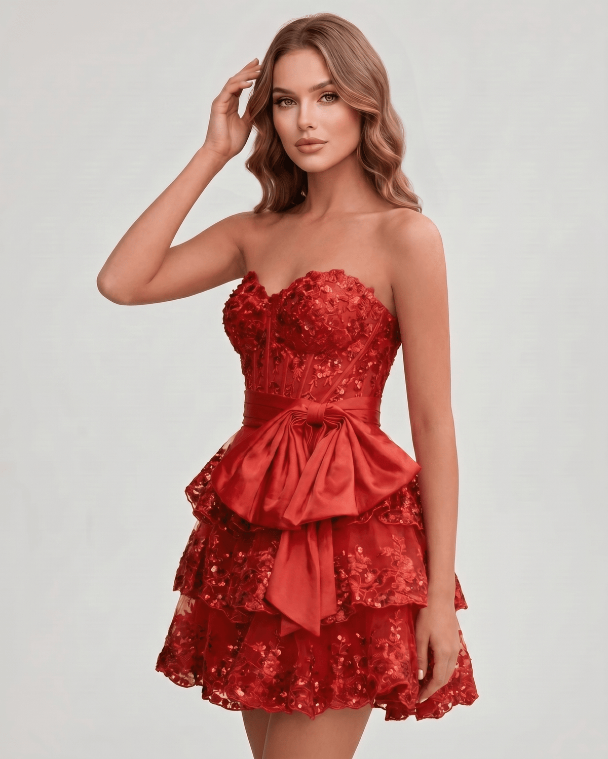 Veloura Mini Dress by Lauven — lace appliqué strapless sweetheart tiered mini dress
