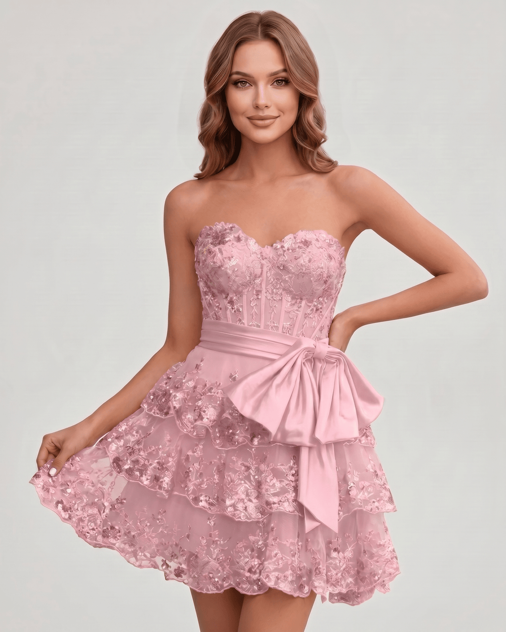 Veloura Mini Dress by Lauven — lace appliqué strapless sweetheart tiered mini dress