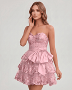 Veloura Mini Dress by Lauven — lace appliqué strapless sweetheart tiered mini dress