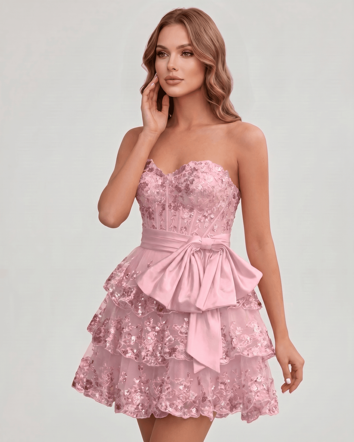 Veloura Mini Dress by Lauven — lace appliqué strapless sweetheart tiered mini dress