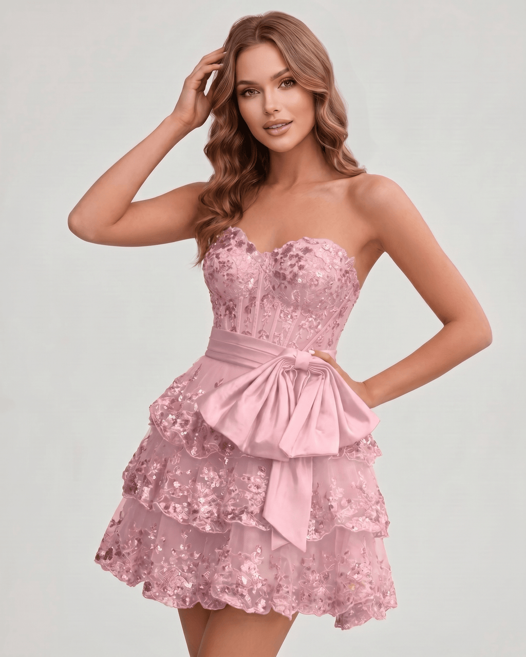 Veloura Mini Dress by Lauven — lace appliqué strapless sweetheart tiered mini dress