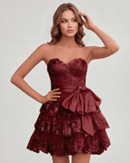 Veloura Mini Dress by Lauven — lace appliqué strapless sweetheart tiered mini dress