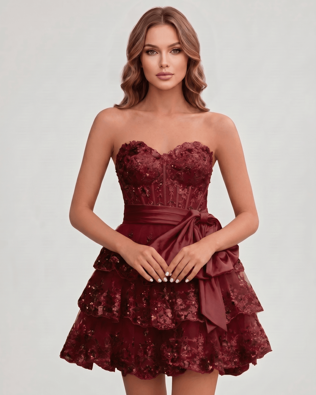 Veloura Mini Dress by Lauven — lace appliqué strapless sweetheart tiered mini dress