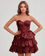 Veloura Mini Dress by Lauven — lace appliqué strapless sweetheart tiered mini dress