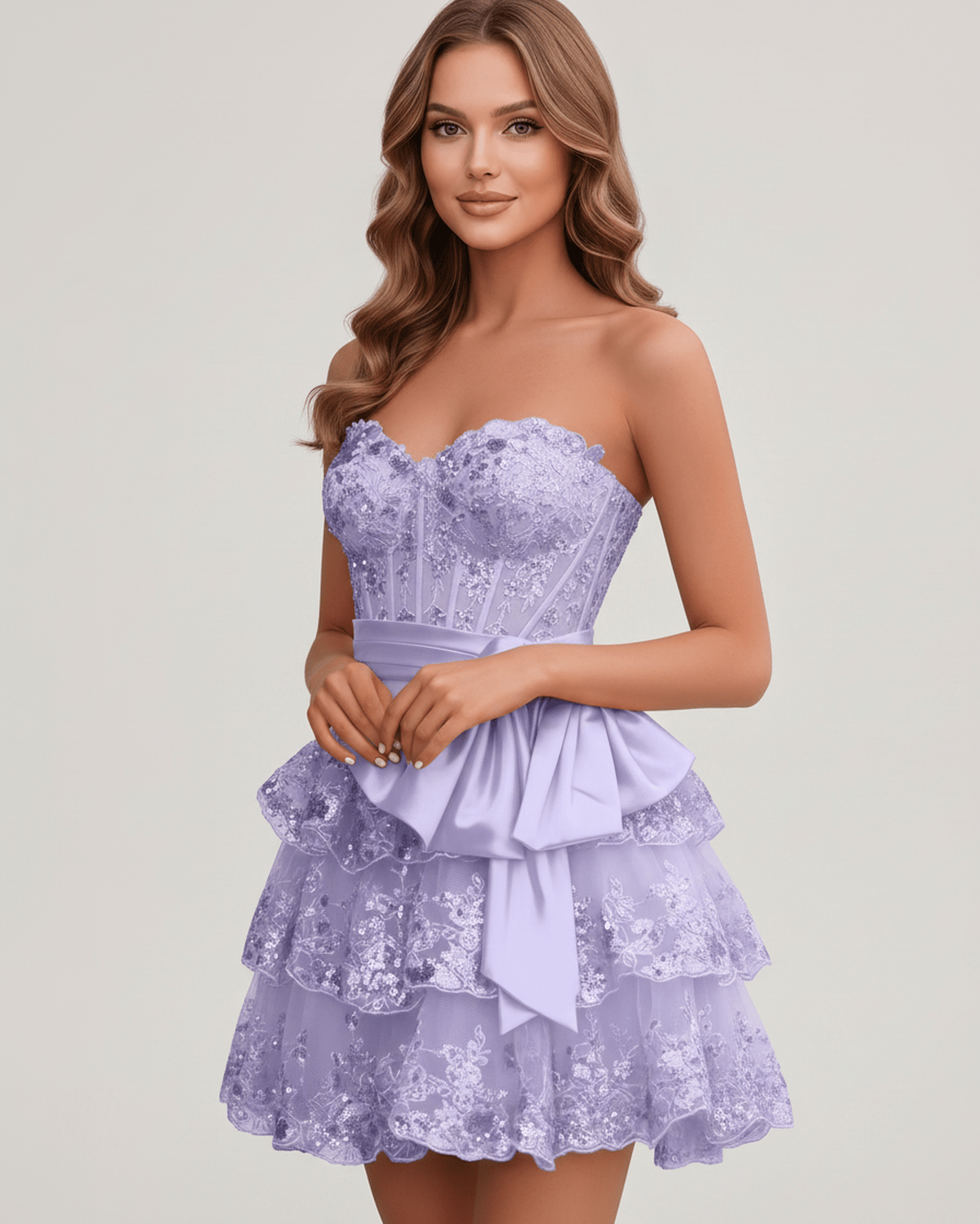 Veloura Mini Dress by Lauven — lace appliqué strapless sweetheart tiered mini dress