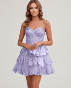 Veloura Mini Dress by Lauven — lace appliqué strapless sweetheart tiered mini dress