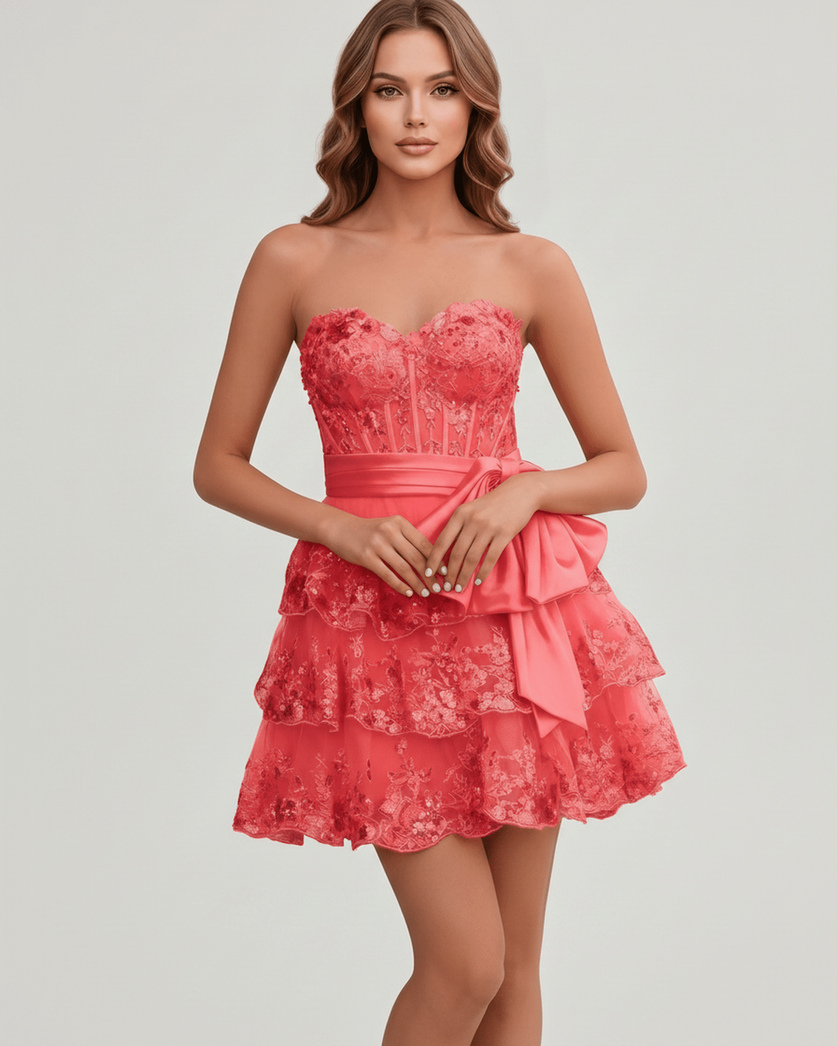 Veloura Mini Dress by Lauven — lace appliqué strapless sweetheart tiered mini dress