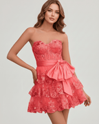 Veloura Mini Dress by Lauven — lace appliqué strapless sweetheart tiered mini dress