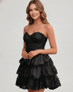 Veloura Mini Dress by Lauven — lace appliqué strapless sweetheart tiered mini dress